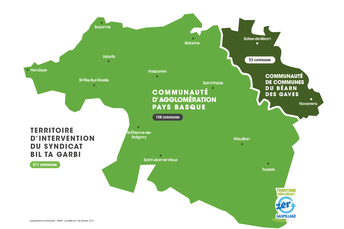 Carte des collectivités adhérentes du territoire Bil Ta Garbi, version accessible suivre le lien "Carte interactive et liste des déchetteries"